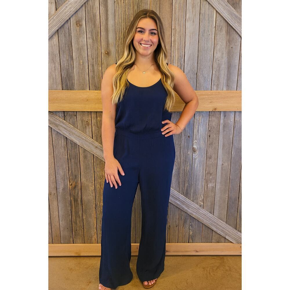 Soft surroundings crinkle rayon romper sz L navy blue elastic waist comfort flaw